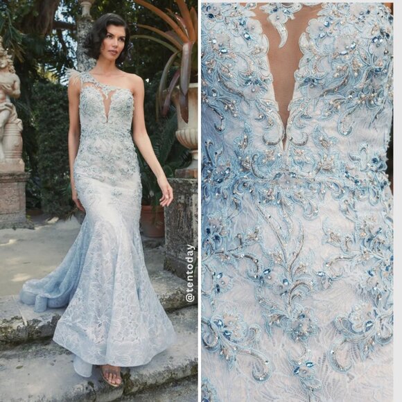 Mac Duggal 79264 Size 6 Light Blue Embroidered Feathered Trumpet Maxi Gown Dress - Picture 1 of 9